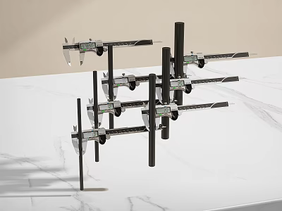 Multiple Precision Metal Vernier Calipers Standing On White Marble Tabletop 3d model