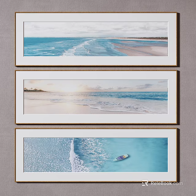 Three Beach Landscape Paintings With Ocean Waves Sunset And Small Boat 3d model