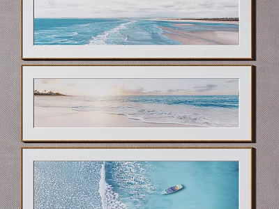 Three Beach Landscape Paintings With Ocean Waves Sunset And Small Boat 3d model