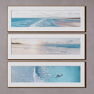 Three Beach Landscape Paintings With Ocean Waves Sunset And Small Boat 3d model