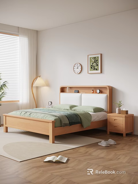 Natural Style Wooden Double Bed With Green Pillows Quilt Nightstand Floor Lamp And Wall Decor 3d model 