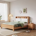 Natural Style Wooden Double Bed With Green Pillows Quilt Nightstand Floor Lamp And Wall Decor