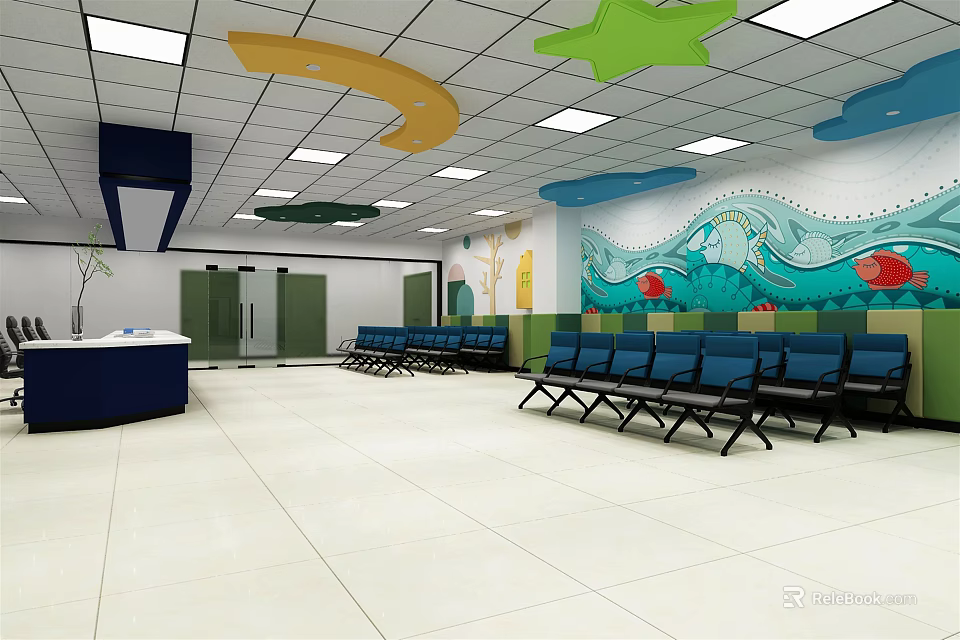 Vibrant Indoor Space With Colorful Moon Star Decor Ocean Theme Mural And Blue Chairs 3d model 
