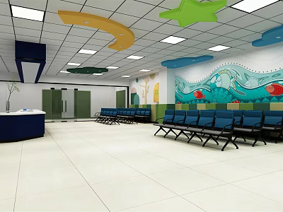 Vibrant Indoor Space With Colorful Moon Star Decor Ocean Theme Mural And Blue Chairs 3d model