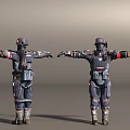 Game and Movie Character in Dark Combat Suit with Helmet Red Accents Arms Outstretched
