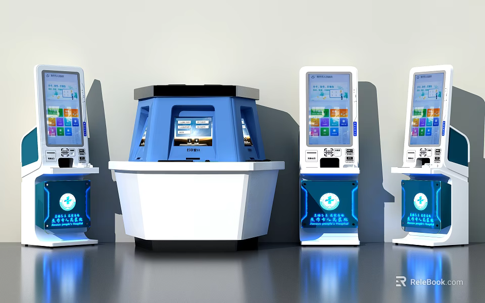 Public Facility Self Service Kiosks With Touchscreen Displays And Blue White Design 3d model 