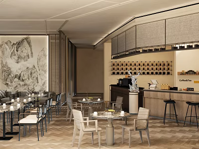 Elegant Modern Restaurant Interior With Chinese Ink Painting Tables Chairs And Wine Rack Bar Counter 3d model