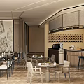 Elegant Modern Restaurant Interior With Chinese Ink Painting Tables Chairs And Wine Rack Bar Counter