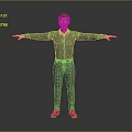 Man In Green Shirt Gray Pants And Black Shoes With Arms Outstretched Against Gray Background