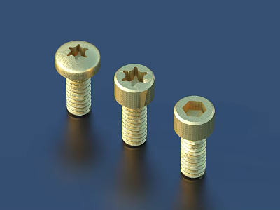 Golden Brass Screws With Cross Recessed And Hex Socket Heads Threaded Shafts 3d model