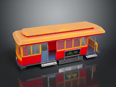 Detailed Vintage Tram Model Featuring Orange Red Exterior And Reflective Display Base 3d model