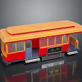 Detailed Vintage Tram Model Featuring Orange Red Exterior And Reflective Display Base