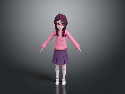 Young Woman with Purple Hair Pigtails Glasses Pink Hoodie Purple Skirt White Socks Pink Shoes 3d model