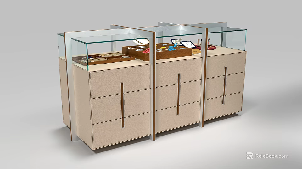 Elegant Island Counter With Glass Display Cases Beige Drawers And Metal Handles 3d model 