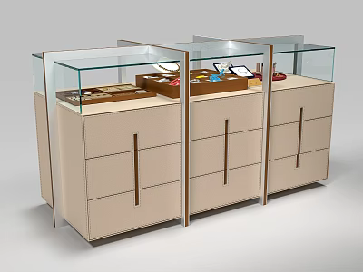 Elegant Island Counter With Glass Display Cases Beige Drawers And Metal Handles 3d model