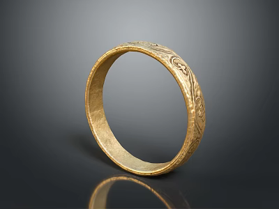 Golden Household Ring With Intricate Carved Patterns And Black Background Reflection 3d model
