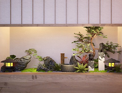 New Chinese style interior landscape landscaping courtyard landscape sketch stone landscaping plant combination 3d model