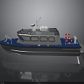 Modern Blue And White Water Vessel With Railing Lifebuoy And Upper Deck Equipment