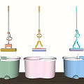 Three Colorful Bathtubs in Light Green Pink and Blue with Hanging Mops and Buckets