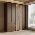 Modern Wooden Wardrobe With Rattan Doors And Storage Drawers In Bright Room