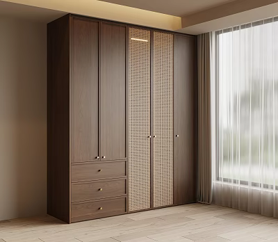 Modern Wooden Wardrobe With Rattan Doors And Storage Drawers In Bright Room 3d model
