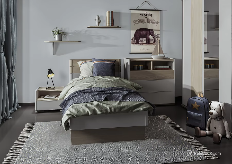 Modern Kids Bed With Bedside Table Wall Shelf Poster Rug And Teddy Bear 3d model 