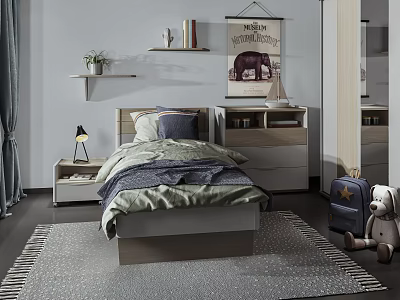 Modern Kids Bed With Bedside Table Wall Shelf Poster Rug And Teddy Bear 3d model