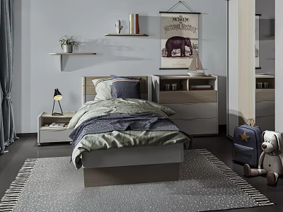 Modern Kids Bed With Bedside Table Wall Shelf Poster Rug And Teddy Bear 3d model