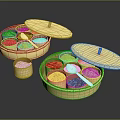 Decorative Golden Lidded Spice Containers With Various Colorful Spices And Small Spoons
