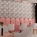 Modern Bubble Tea Shop Interior With White Chairs Round Tables Bread Display And Pink Lights