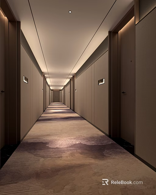 Luxury Hotel Corridor Interior With Long Patterned Carpet Lighting And Wooden Doors 3d model 