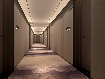 Luxury Hotel Corridor Interior With Long Patterned Carpet Lighting And Wooden Doors 3d model