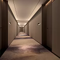Luxury Hotel Corridor Interior With Long Patterned Carpet Lighting And Wooden Doors