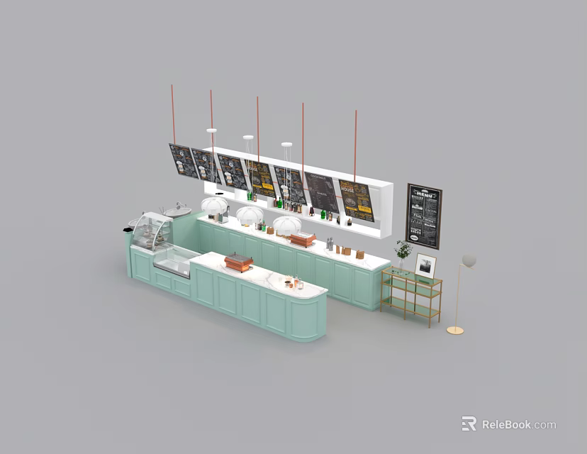 Modern Light Green Bar Counter With Coffee Machine Display Cabinet And Menu Boards Above 3d model 