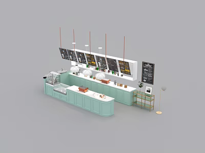 Modern Light Green Bar Counter With Coffee Machine Display Cabinet And Menu Boards Above 3d model
