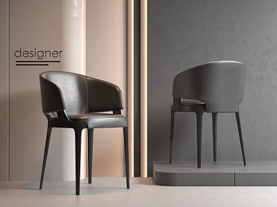 Modern Gray Leather Dining Chairs With Armrests And Black Slim Legs Design 3d model