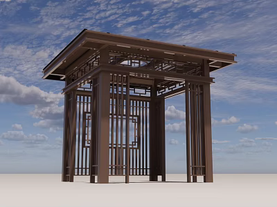Traditional Style Wooden Pavilion With Classic Roof Design And Blue Sky Background 3d model