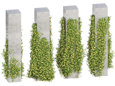 Green Vines Growing On Concrete Pillars With Lush Foliage And Yellow Flowers 3d model
