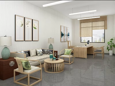 Modern Office Interior Design With Sofa Chairs Coffee Table Desk And Decorative Paintings 3d model