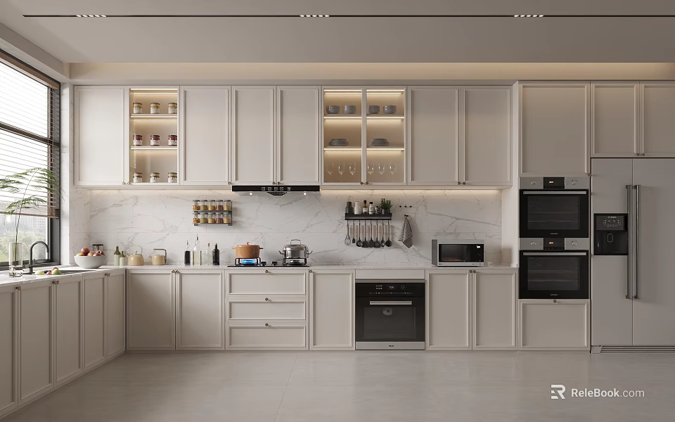Modern Kitchen Interior Design With White Cabinets Marble Countertop And Built in Appliances 3d model 