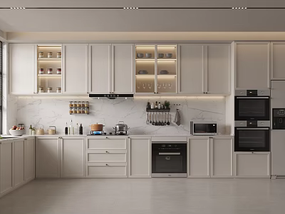Modern Kitchen Interior Design With White Cabinets Marble Countertop And Built in Appliances 3d model