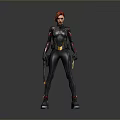 Woman With Red Hair In Black Tight Combat Suit Holding Weapons Standing Upright