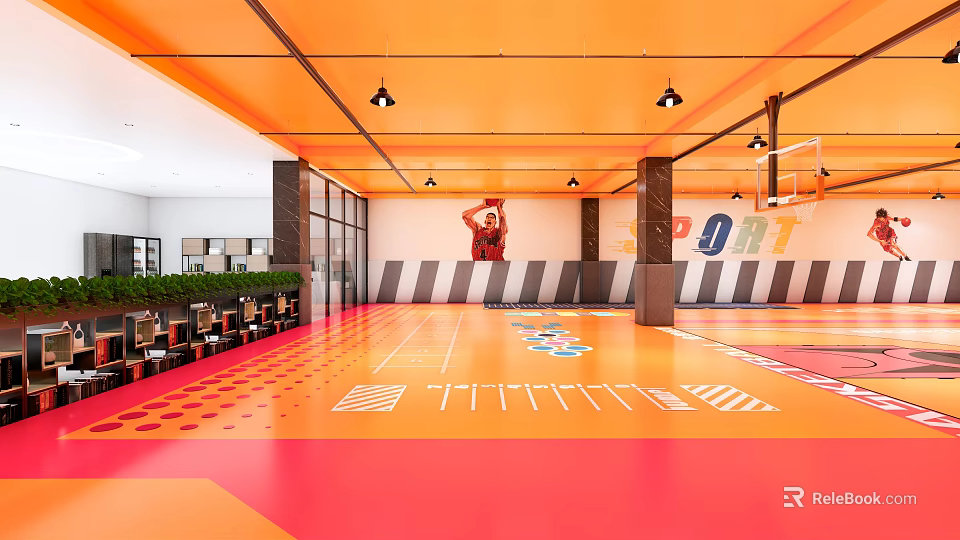 Basketball Court Interior With Orange Ceiling Red Orange Floor Basketball Hoops And Athlete Poster On Wall 3d model 