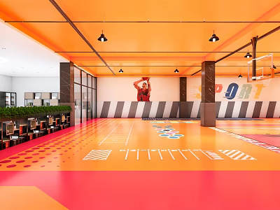 Basketball Court Interior With Orange Ceiling Red Orange Floor Basketball Hoops And Athlete Poster On Wall 3d model
