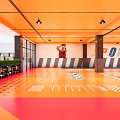 Basketball Court Interior With Orange Ceiling Red Orange Floor Basketball Hoops And Athlete Poster On Wall