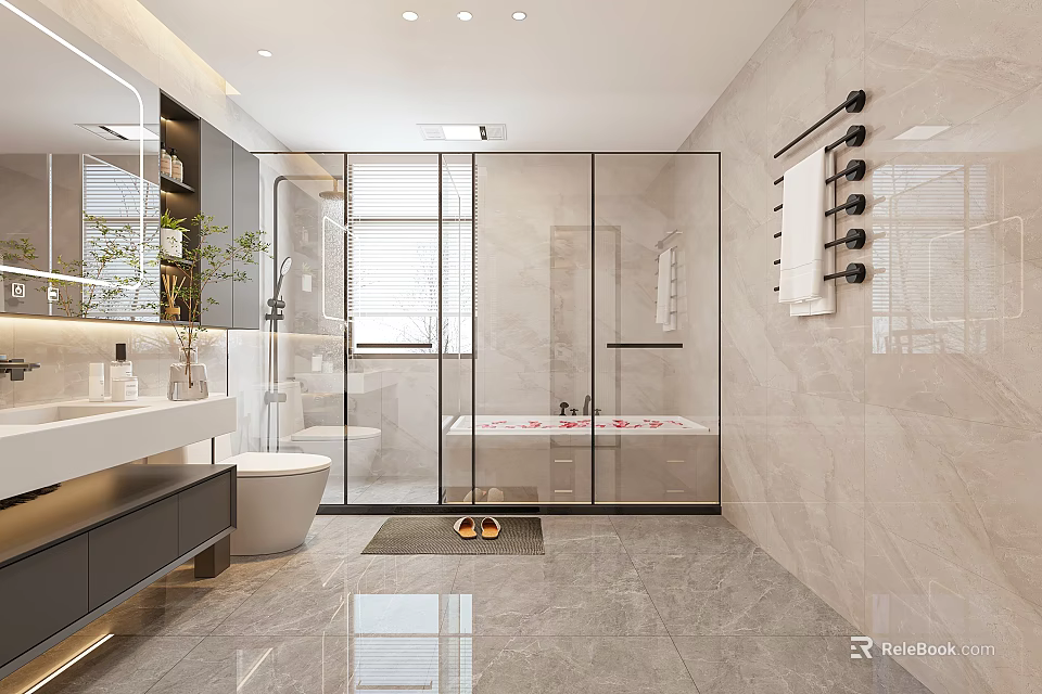Modern Bathroom Interior With Glass Shower Enclosure Freestanding Bathtub And Wall-Mounted Vanity 3d model 