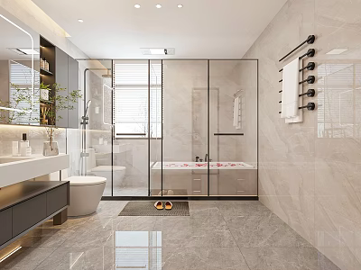 Modern Bathroom Interior With Glass Shower Enclosure Freestanding Bathtub And Wall-Mounted Vanity 3d model