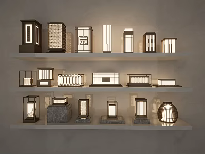 Stylish Outdoor Lights With Various Decorative Designs Displayed On Shelves 3d model