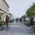 Modern Commercial Landscape with Outdoor Plaza Pedestrians Greenery and Seating