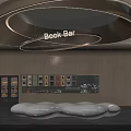 Modern Elegant Book Bar Leisure Area With Warm Wooden Texture And Unique Cloud Shaped Sofa